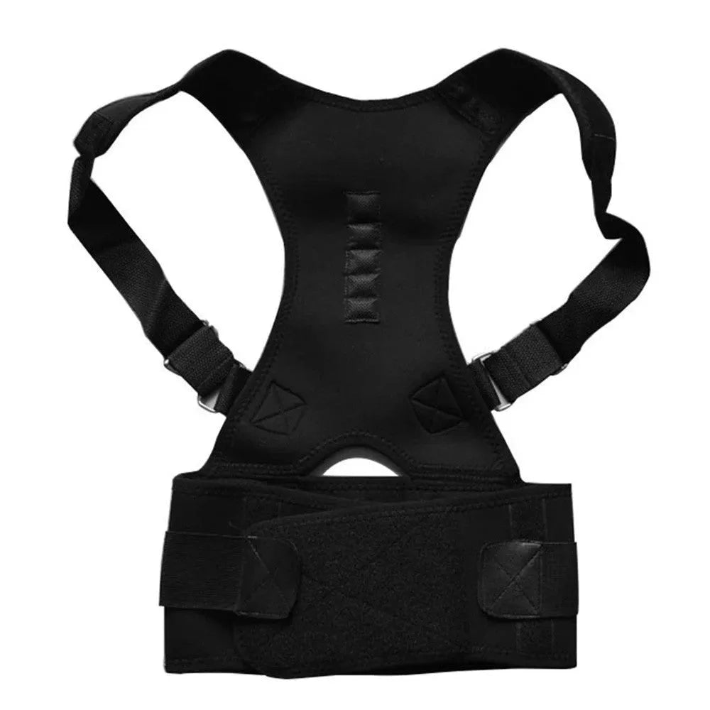 Kyphotone black back posture corrector with shoulder straps and waist belt on a plain background