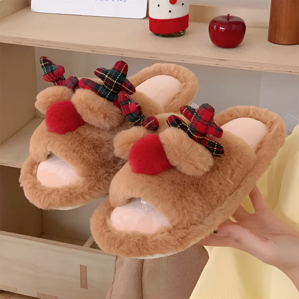 Brown women's fluffy cotton slippers with a deer cartoon design, suede upper, and PVC sole.