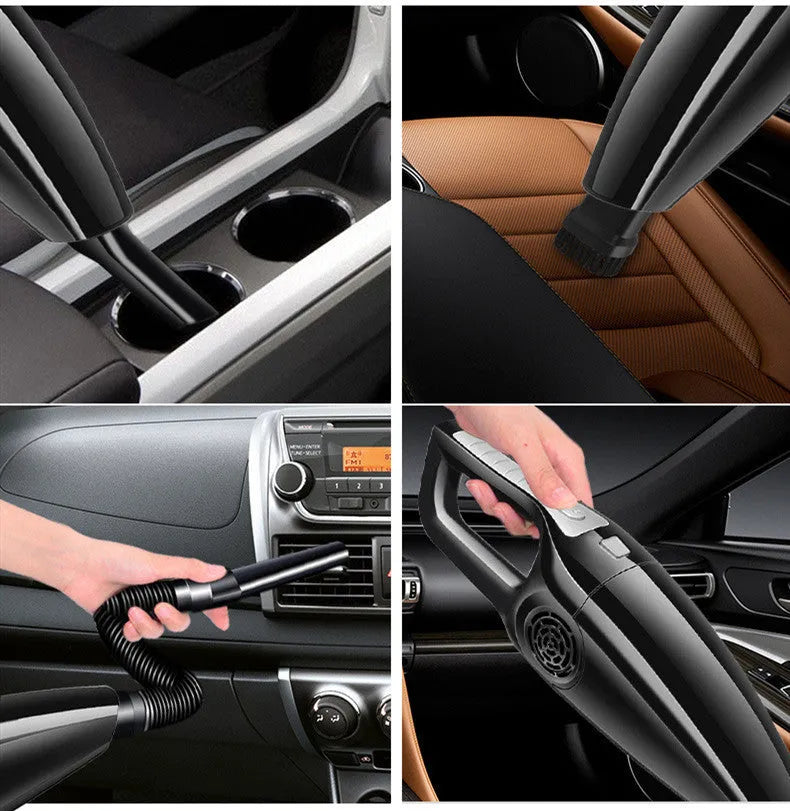 Black handheld car vacuum cleaner with nozzle, powered by a 12V cigarette lighter plug.
