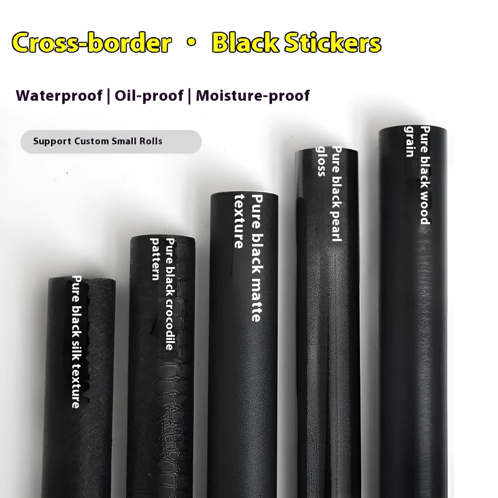 Self-adhesive black wallpaper roll, 40cm wide PVC, pure black wood grain, waterproof furniture renovation sticker