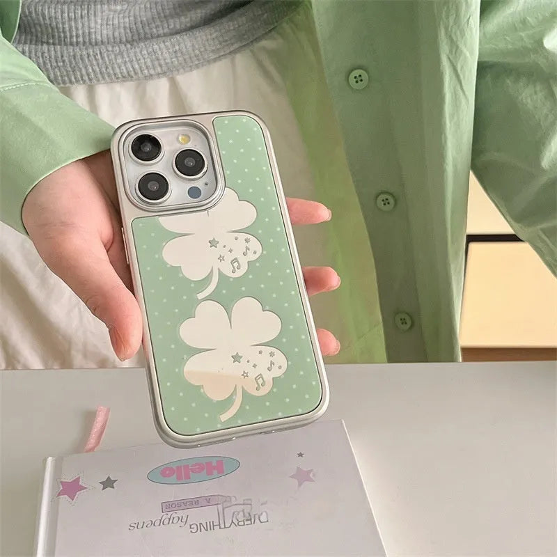 Acrylic mirror phone case with four-leaf clover pattern for iPhone 16 Pro Max
