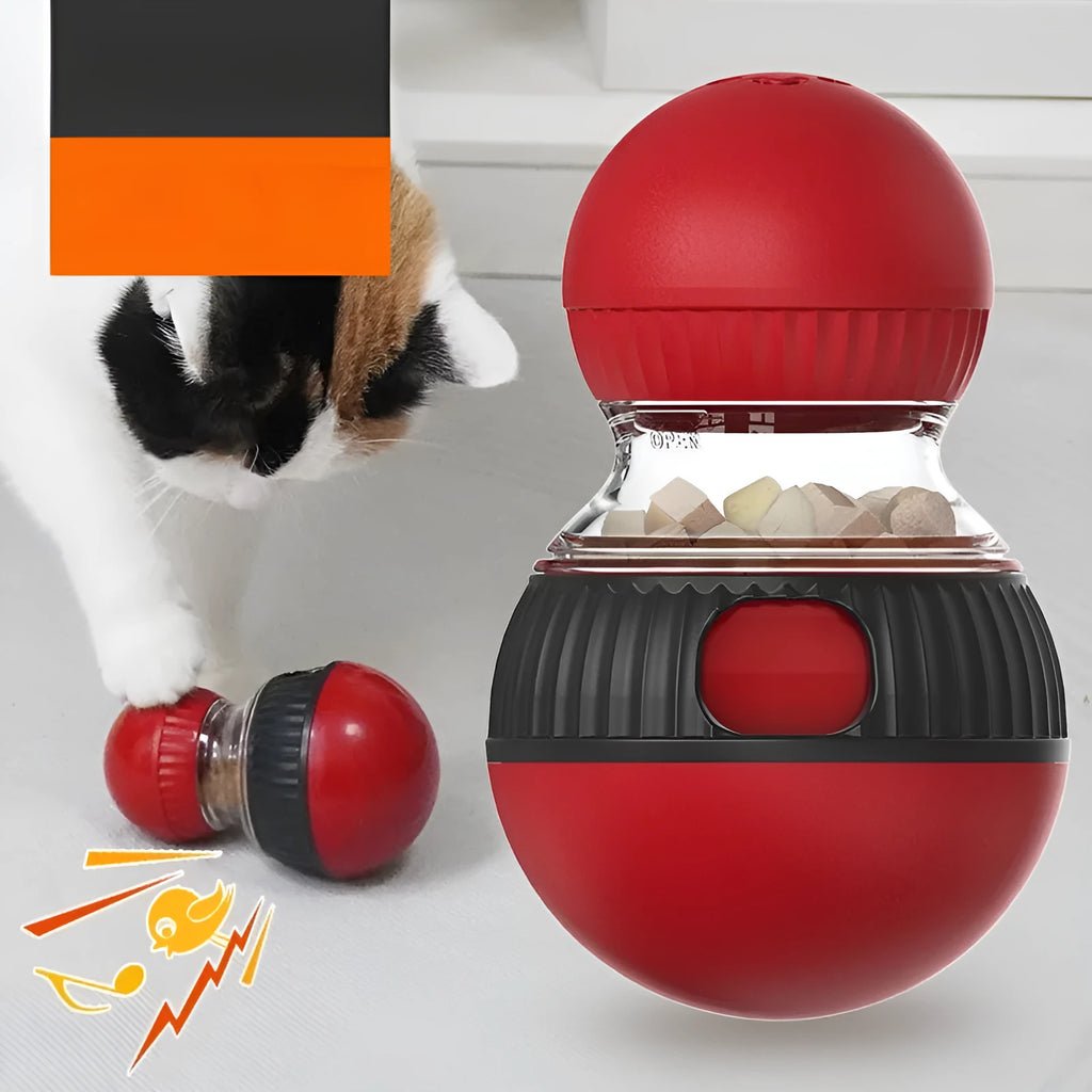 Super ball coloured plastic rotating cat food dropping ball toy on a plain surface.