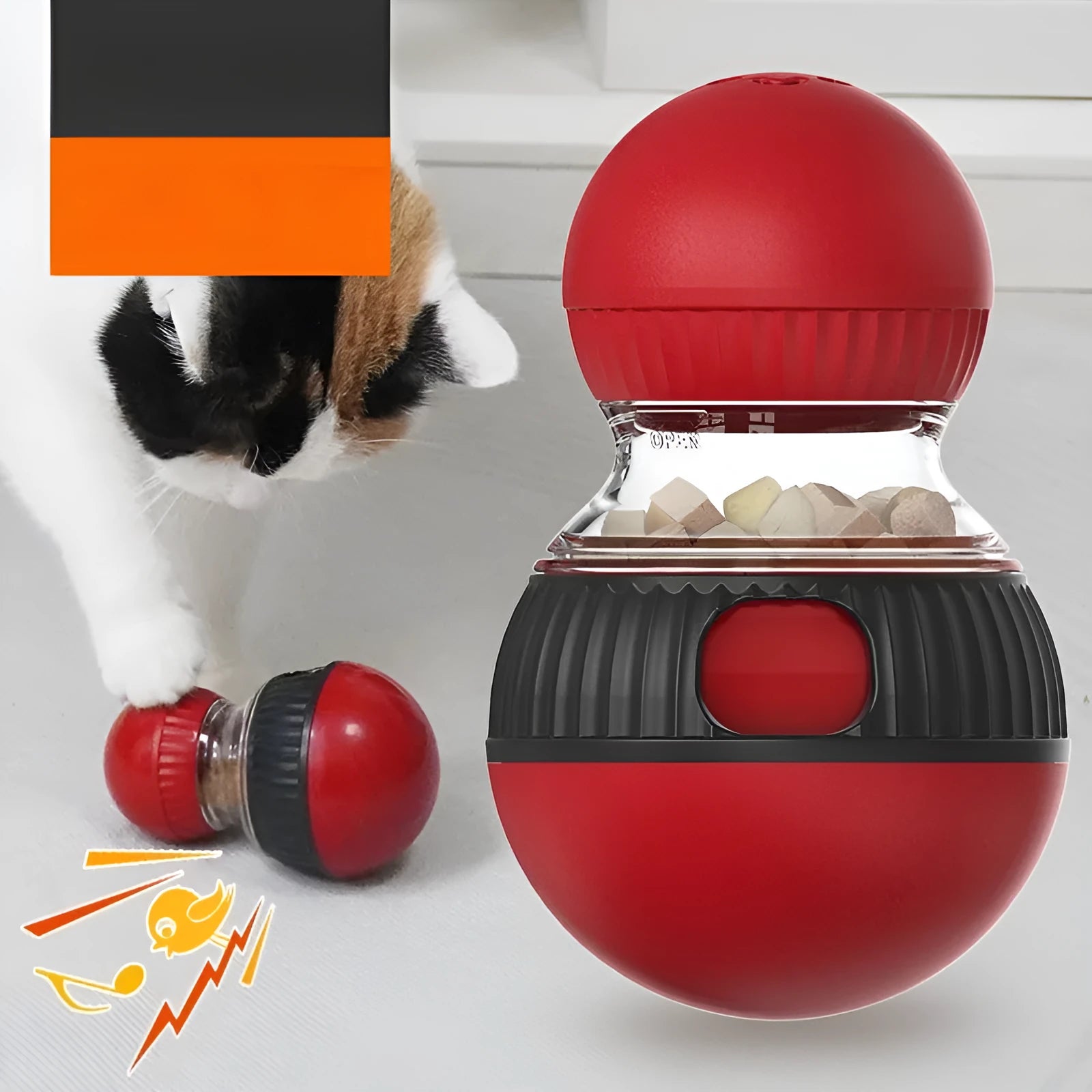 Rotating plastic cat toy with super ball element for treat dispensing and sound play.