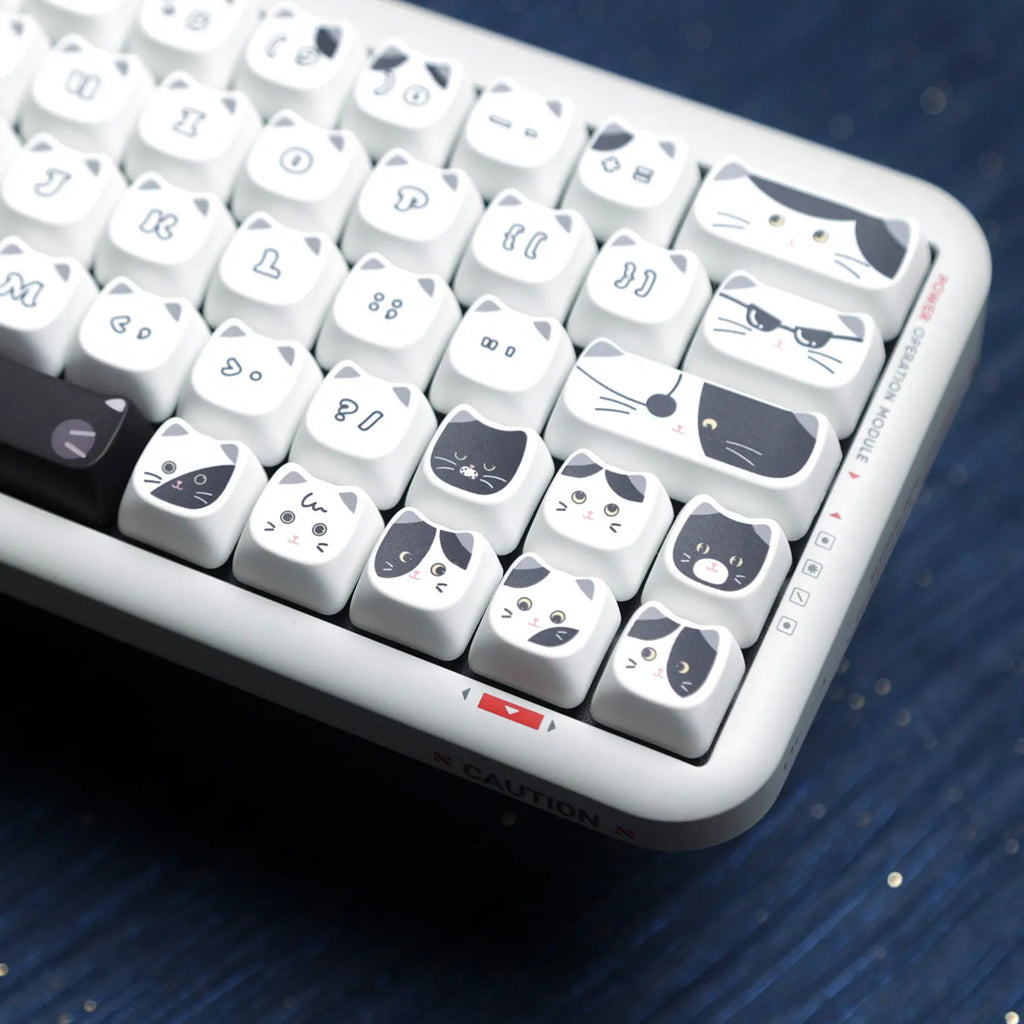Black and white kitten sublimation PBT key cap set in boxed packaging, full layout excluding 7u and March space keys