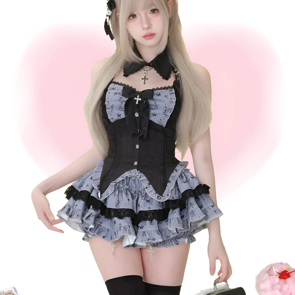Gothic printed black patchwork top and gray printing skirt set front view