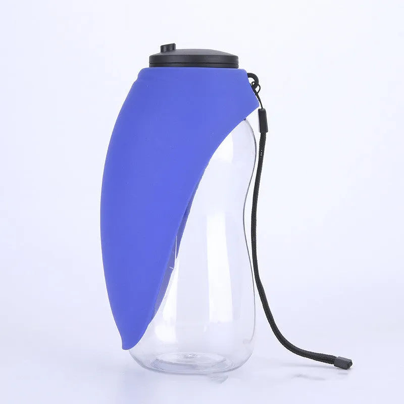 Blue plastic pet water bottle with drinking bowl showing key lock mechanism and 680ml capacity markings