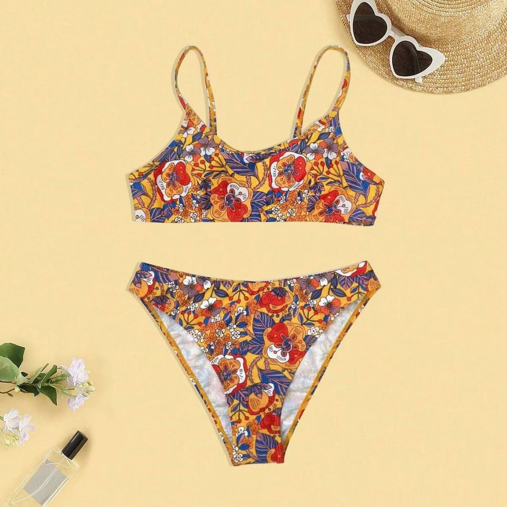 Plus size women's floral print bikini with adjustable straps, two-piece swimsuit set in colourful patterns