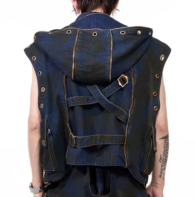 Blue hooded denim vest coat and trousers set with front zipper in Korean style