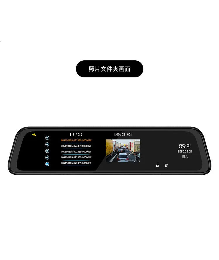 12-inch black rearview mirror dash cam mounted in vehicle with wide-angle lens