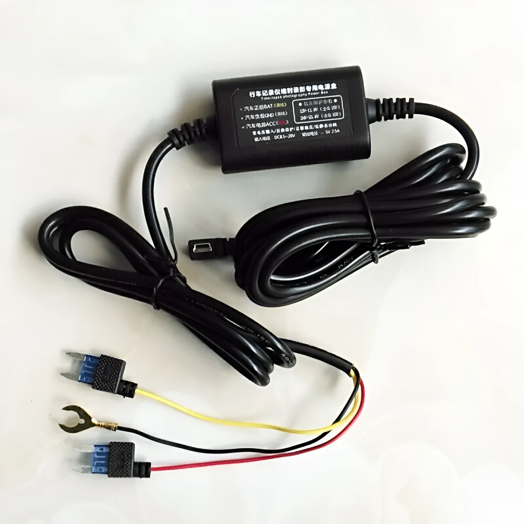Driving data recorder power line step-down cable with T-connector and wire connections for ACC installation