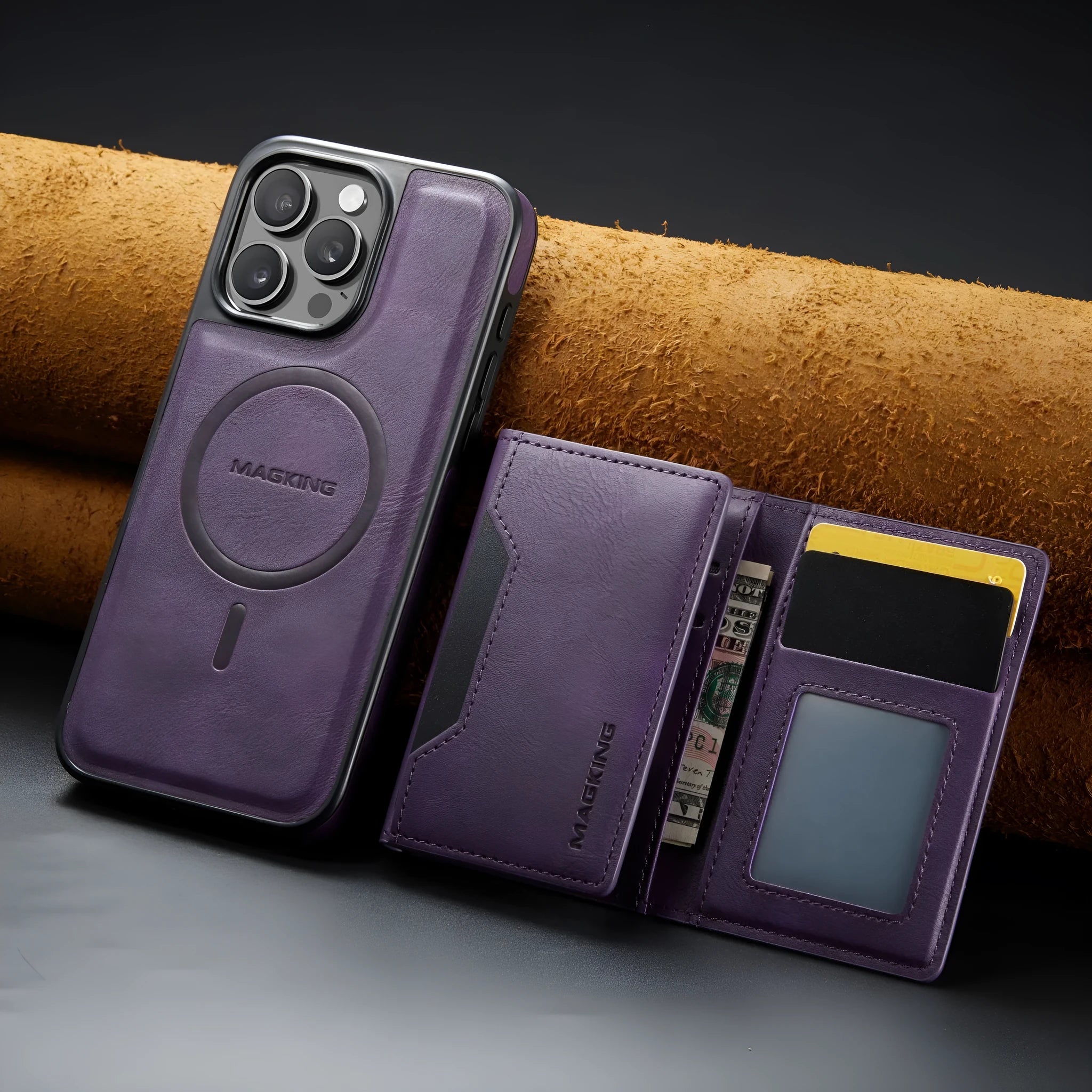 Multi-card TPU mobile phone case with card wallet, bracket stand, and magnetic closure in brown for Samsung S24 Ultra
