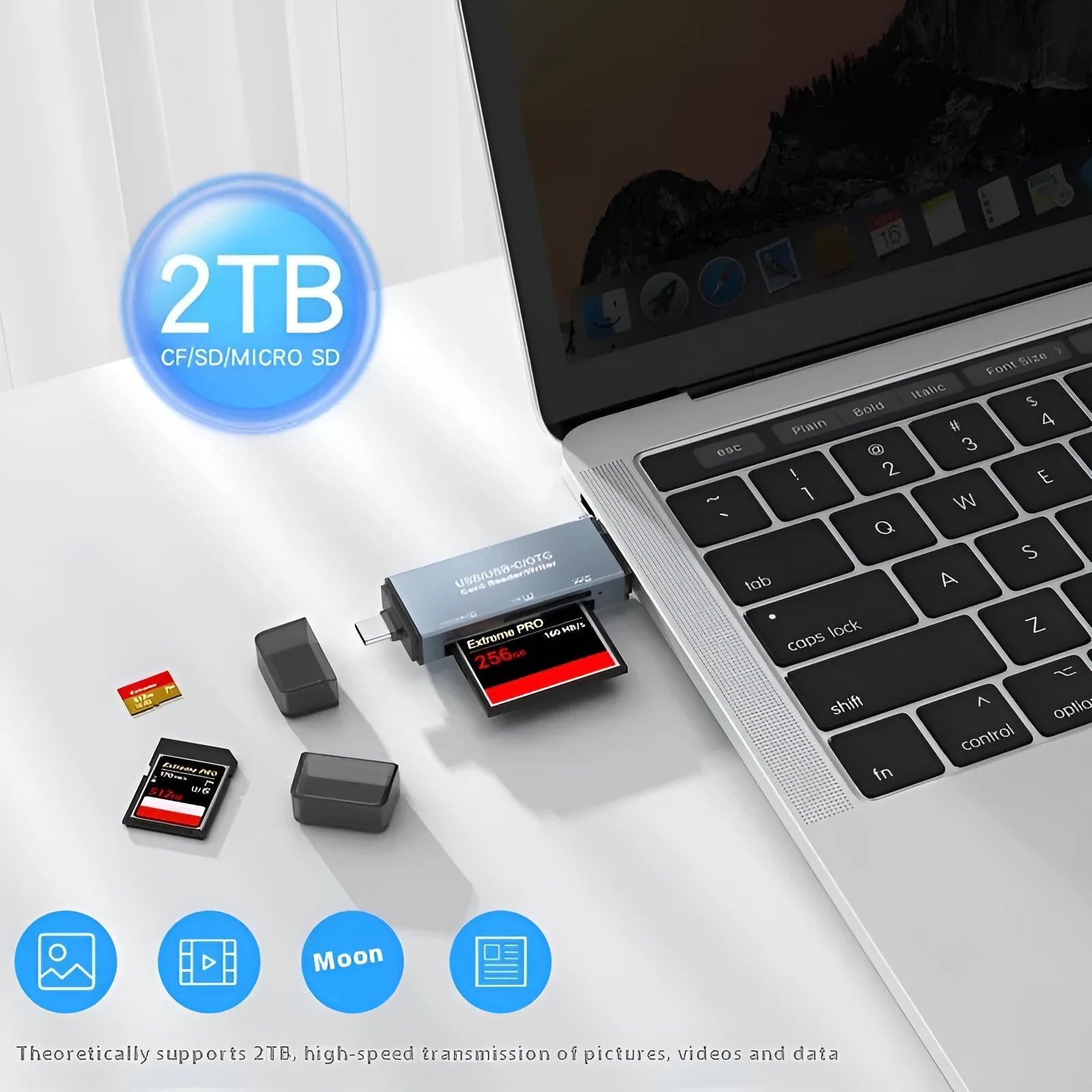 Silver aluminium three-in-one memory card reader for CF, SD, and TF cards with USB and Type-C ports.