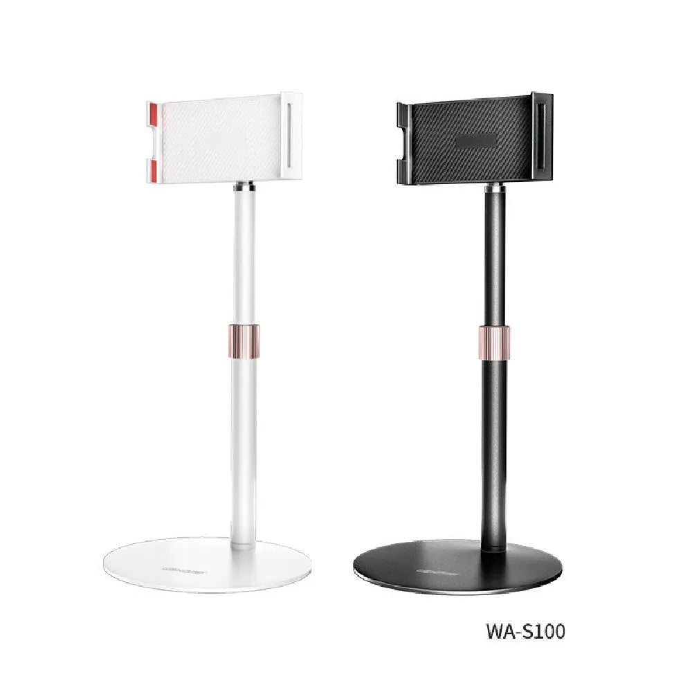 Black adjustable metal tablet bracket extended, holding an 11-inch tablet at an angle.