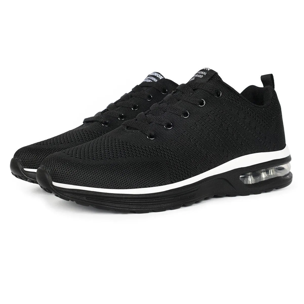 Pair of grey and black Flyknit mesh running shoes with a round toe and PU sole on a white background.