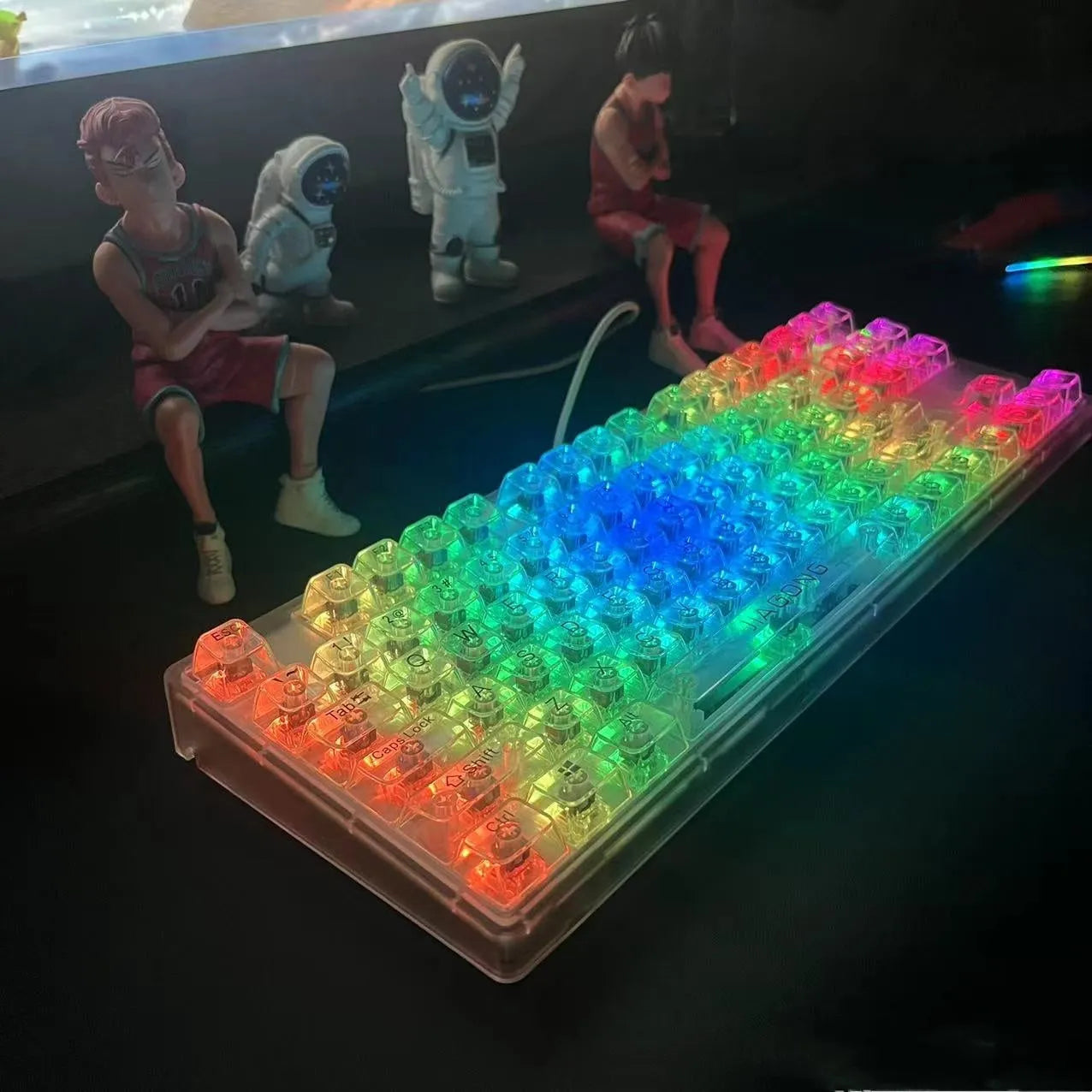 Transparent plastic 132-key mechanical keyboard cap set displayed in standard layout arrangement