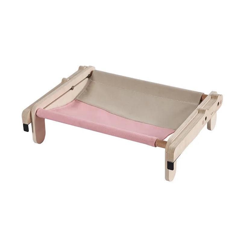 Solid wood cat bed with a removable fabric cover, shown in a grey colour option.