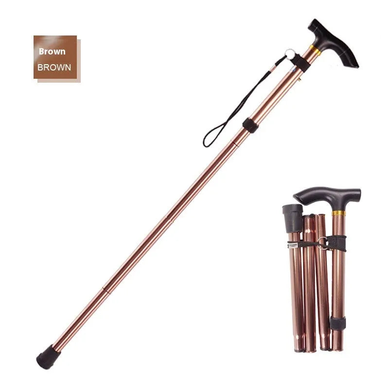 Aluminium folding walking cane extended to show adjustable shaft and textured non-slip handle.