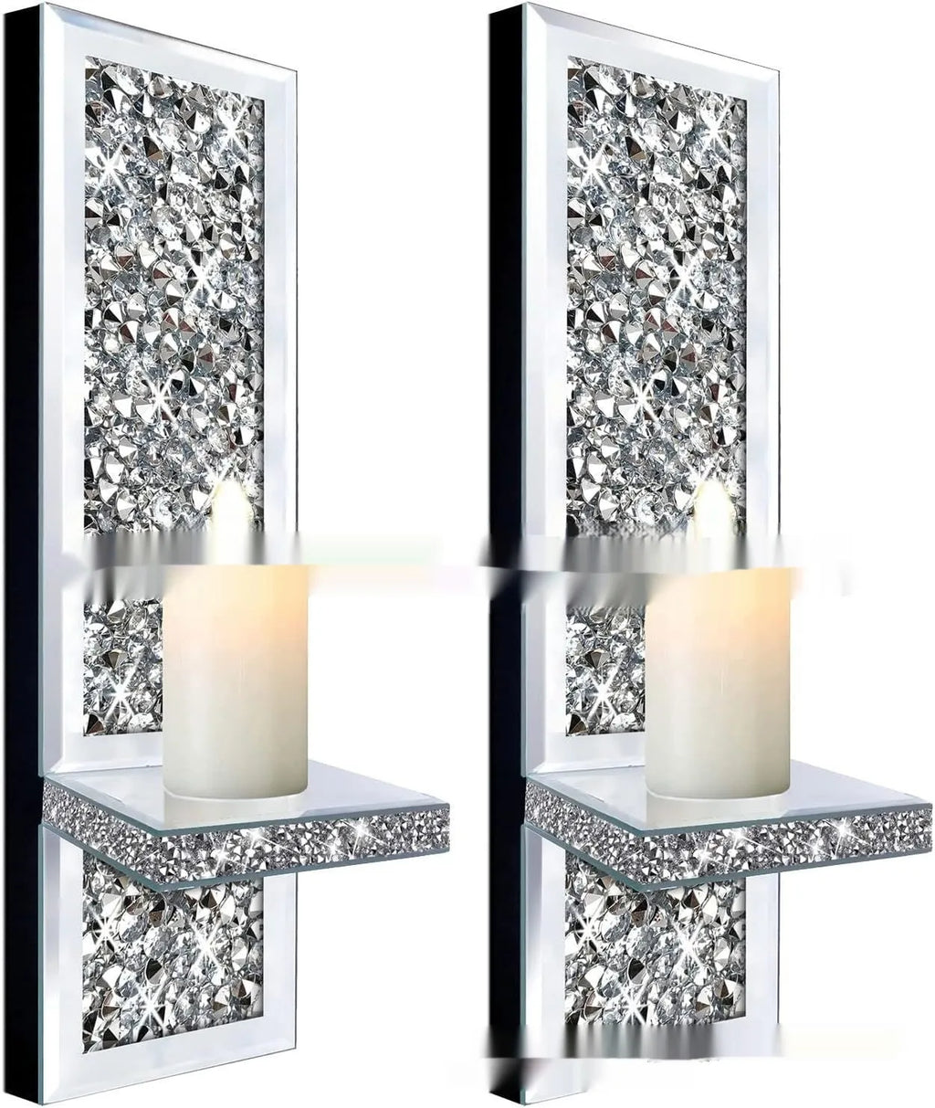 Silver mirror glass wall candle holders pair, modern style, 38cm tall