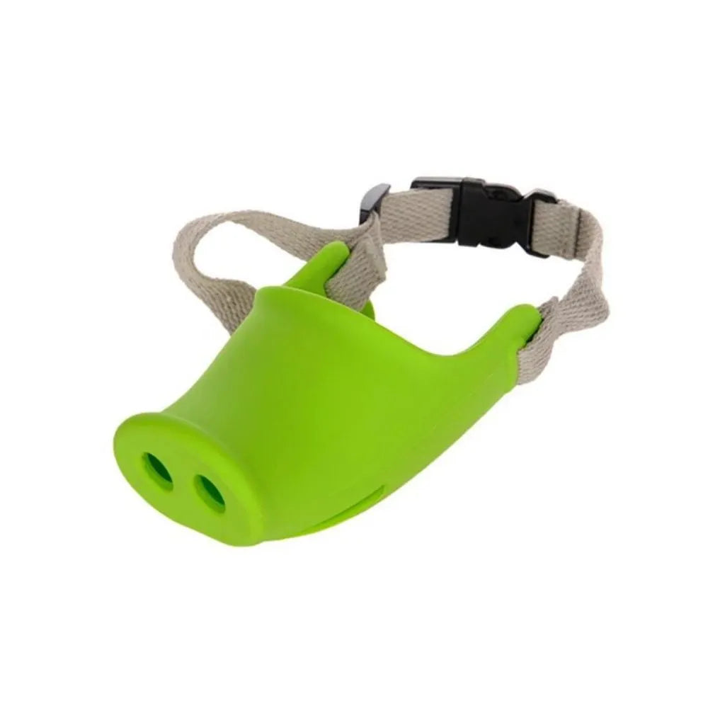 Blue and green silicone anti-bite mouth covers for dogs in two sizes on a white background.