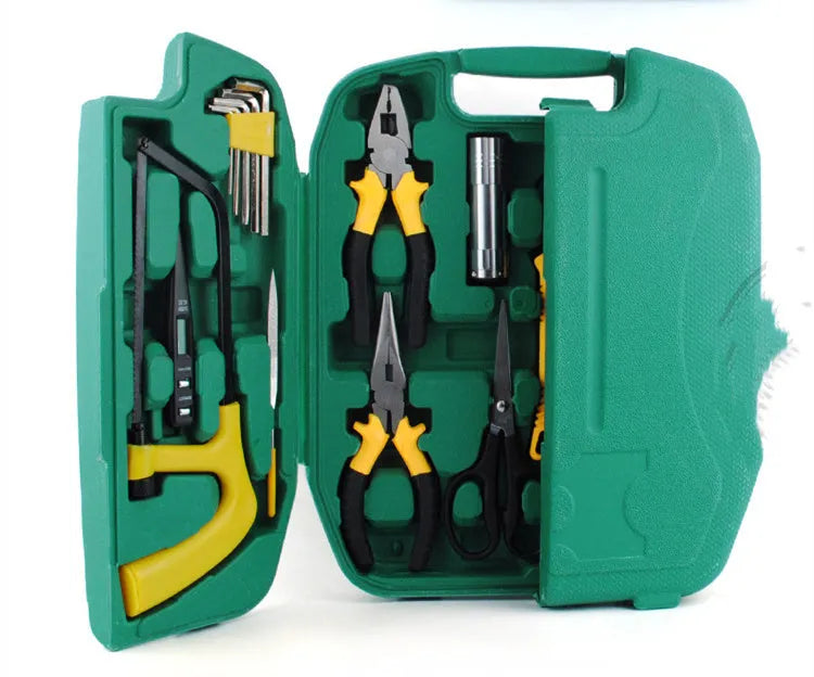 27-piece car emergency tool kit with malleable iron tools in a portable tool box for dual-use home and car maintenance