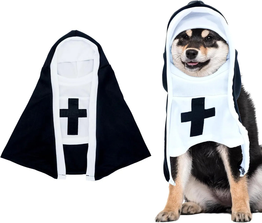 Black and white nun costume for small to medium dog on model