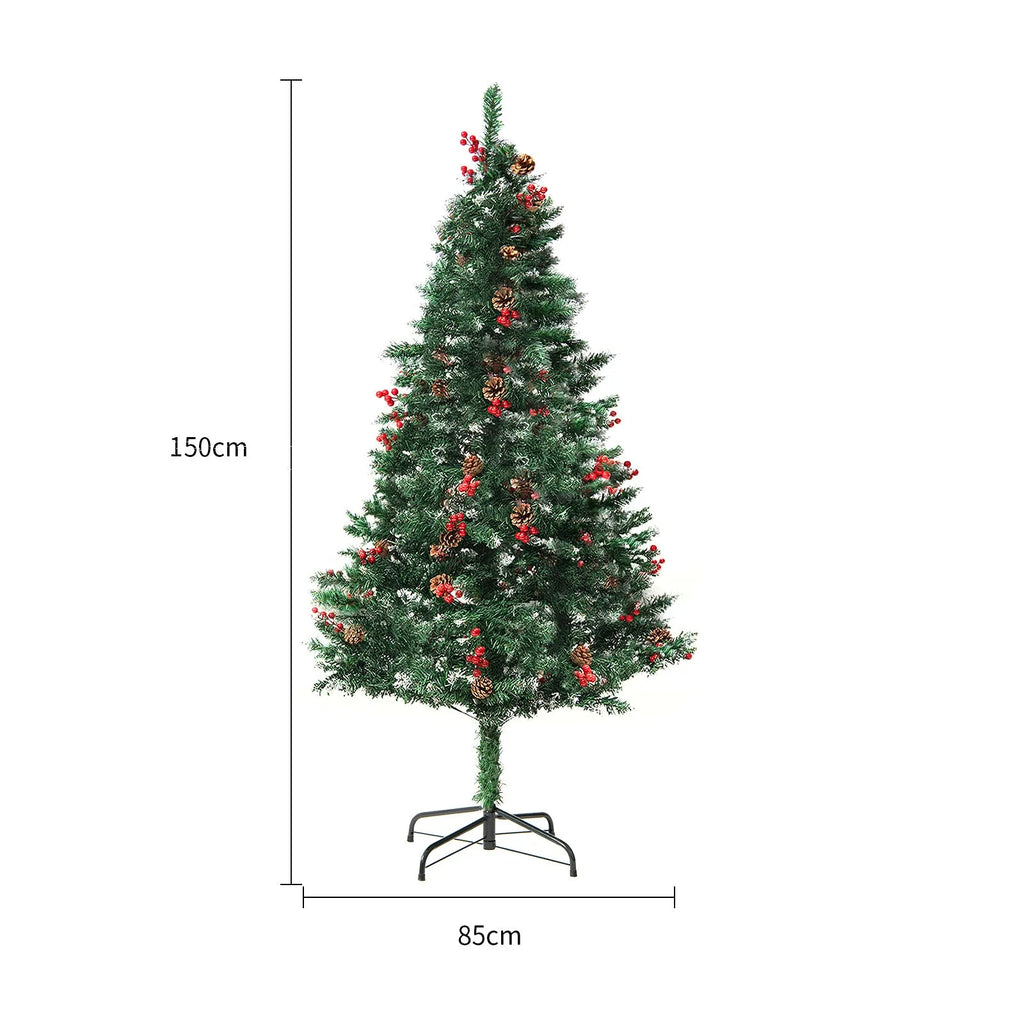 PVC artificial snow Christmas tree with green and white decoration on metal stand