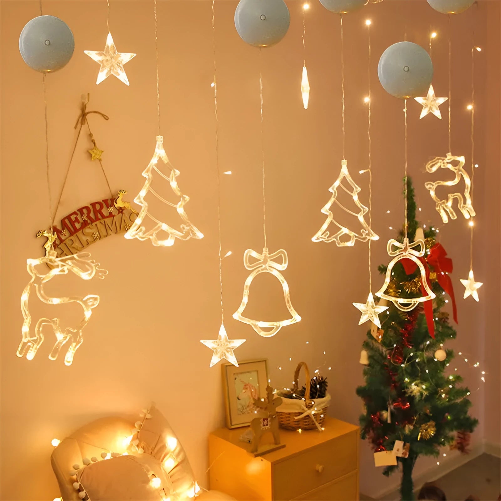 LED Christmas suction cup chandelier with Santa, elk, and snowman designs on window