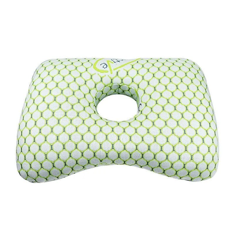 Single hole beauty salon ear pillow in plaid grey, showing dimensions and detachable cover feature