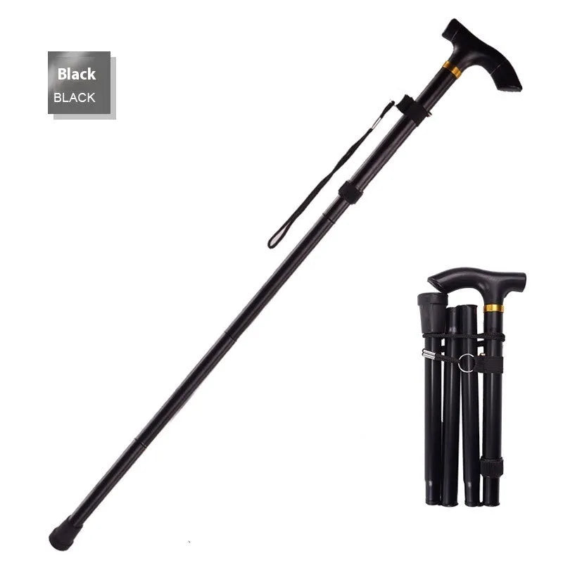 Aluminium folding walking cane extended to show adjustable shaft and textured non-slip handle.