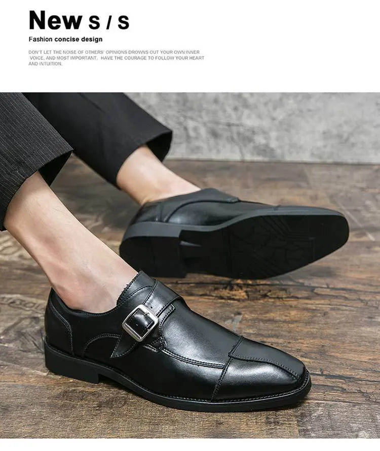 Men's British retro style casual leather shoes with buckle and tall crown upper in brown blue colour