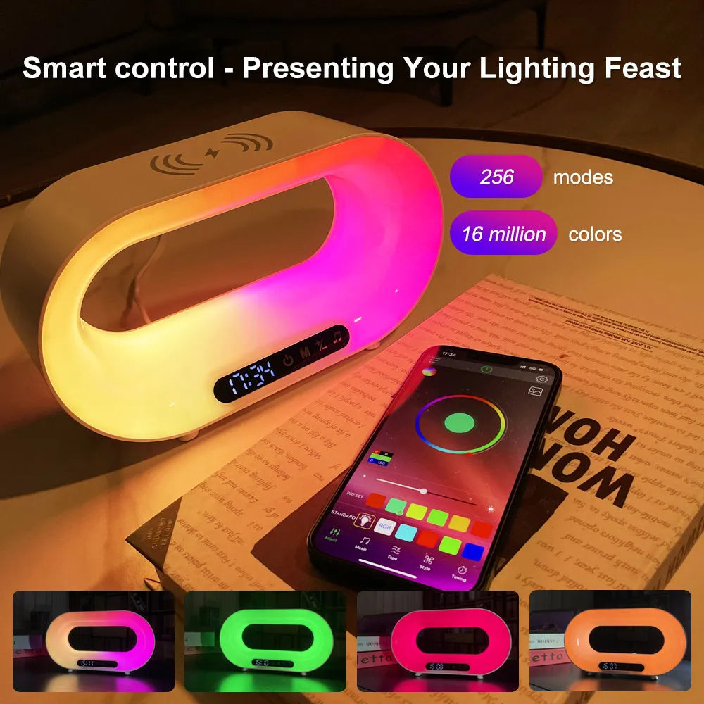 White 3-in-1 LED night light with wireless charging pad and alarm clock display