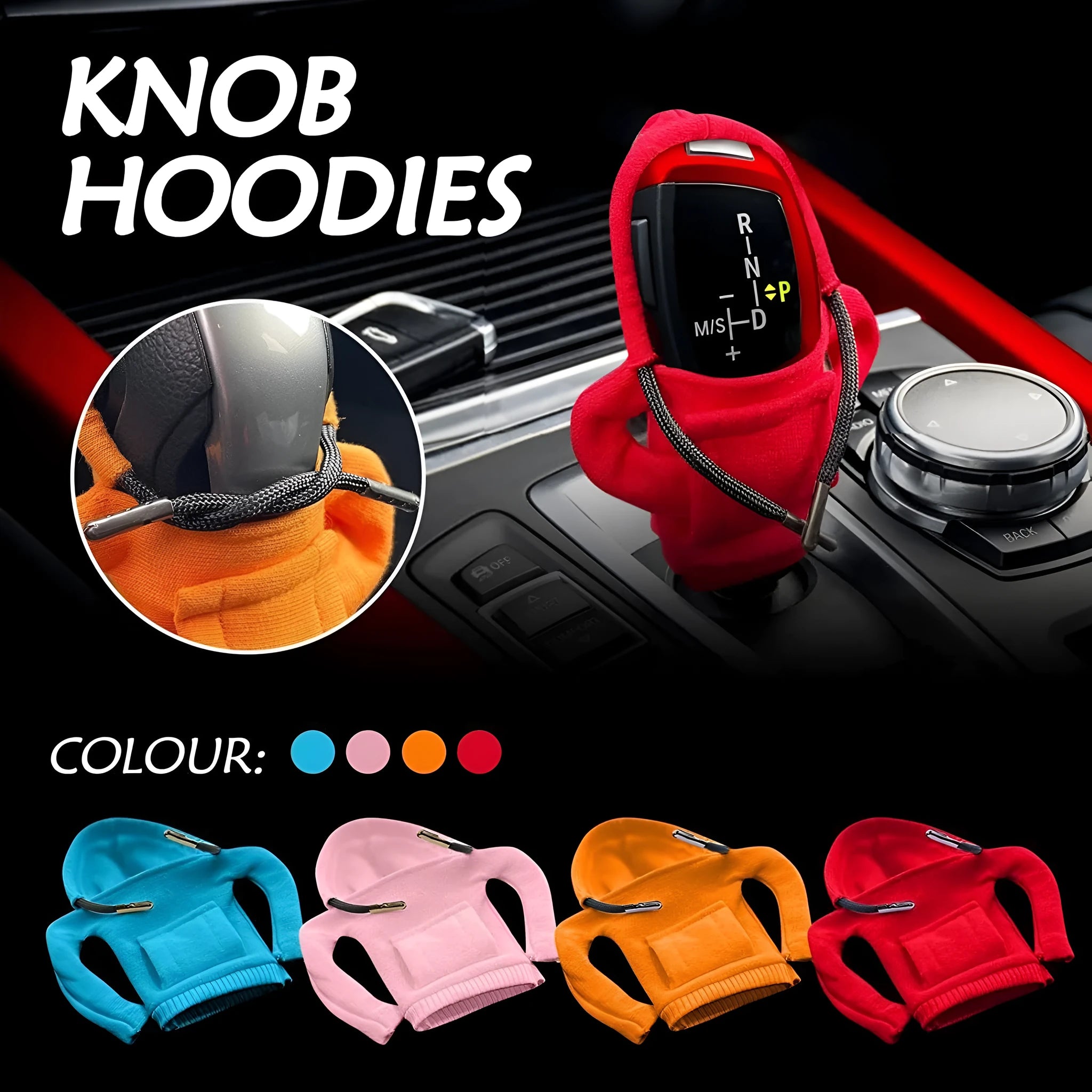Cloth car gear shift knob hoodie cover in multiple colour options next to a gear lever.