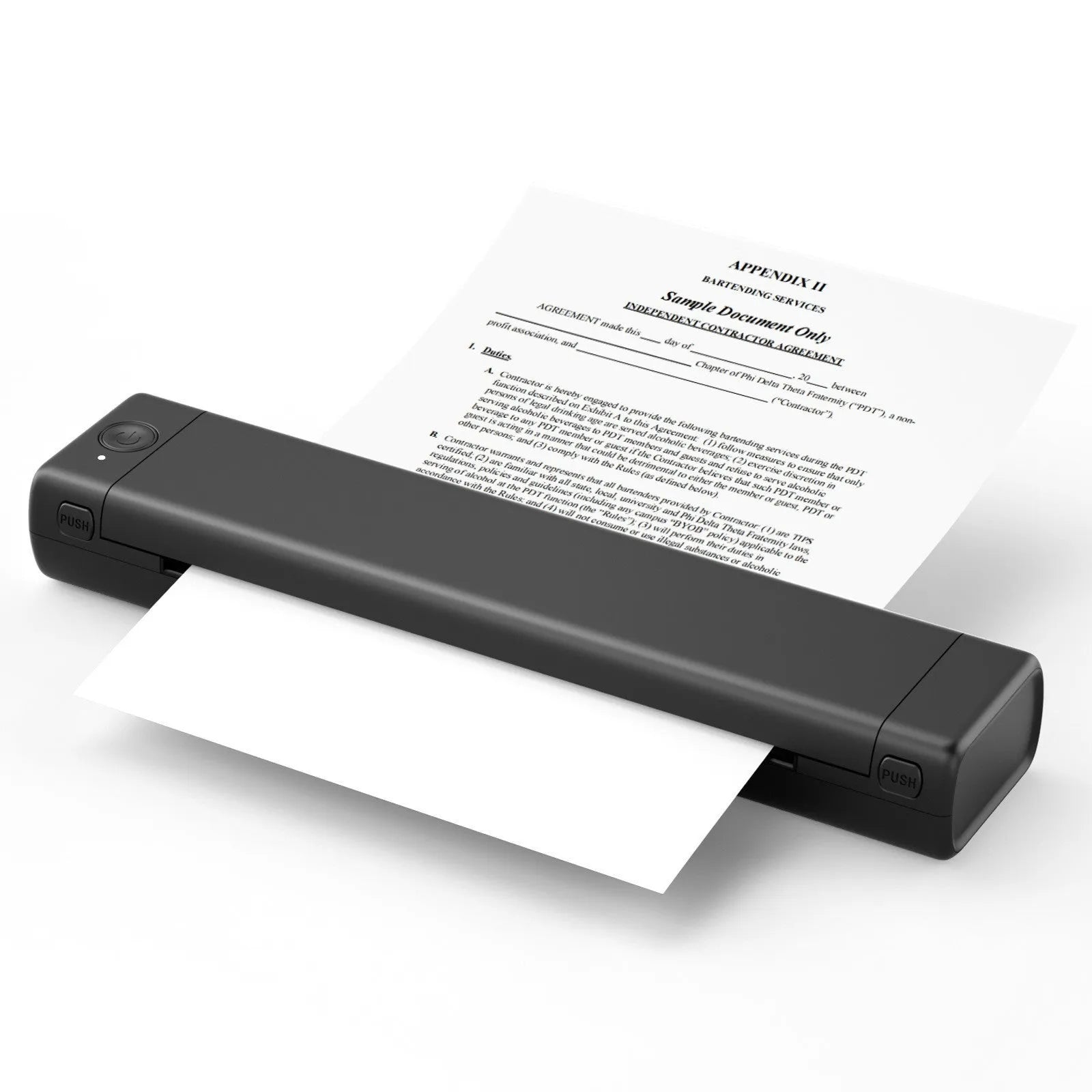 Phomemo M08F white A4 portable thermal printer with USB cable on a wooden desk