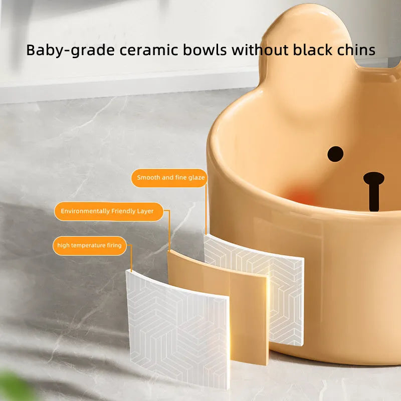Ceramic pet feeding bowls with neck protection design in white rabbit and brown bear patterns