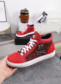 Men's black genuine leather high top skeleton shoes with red laces, shown on a foot.