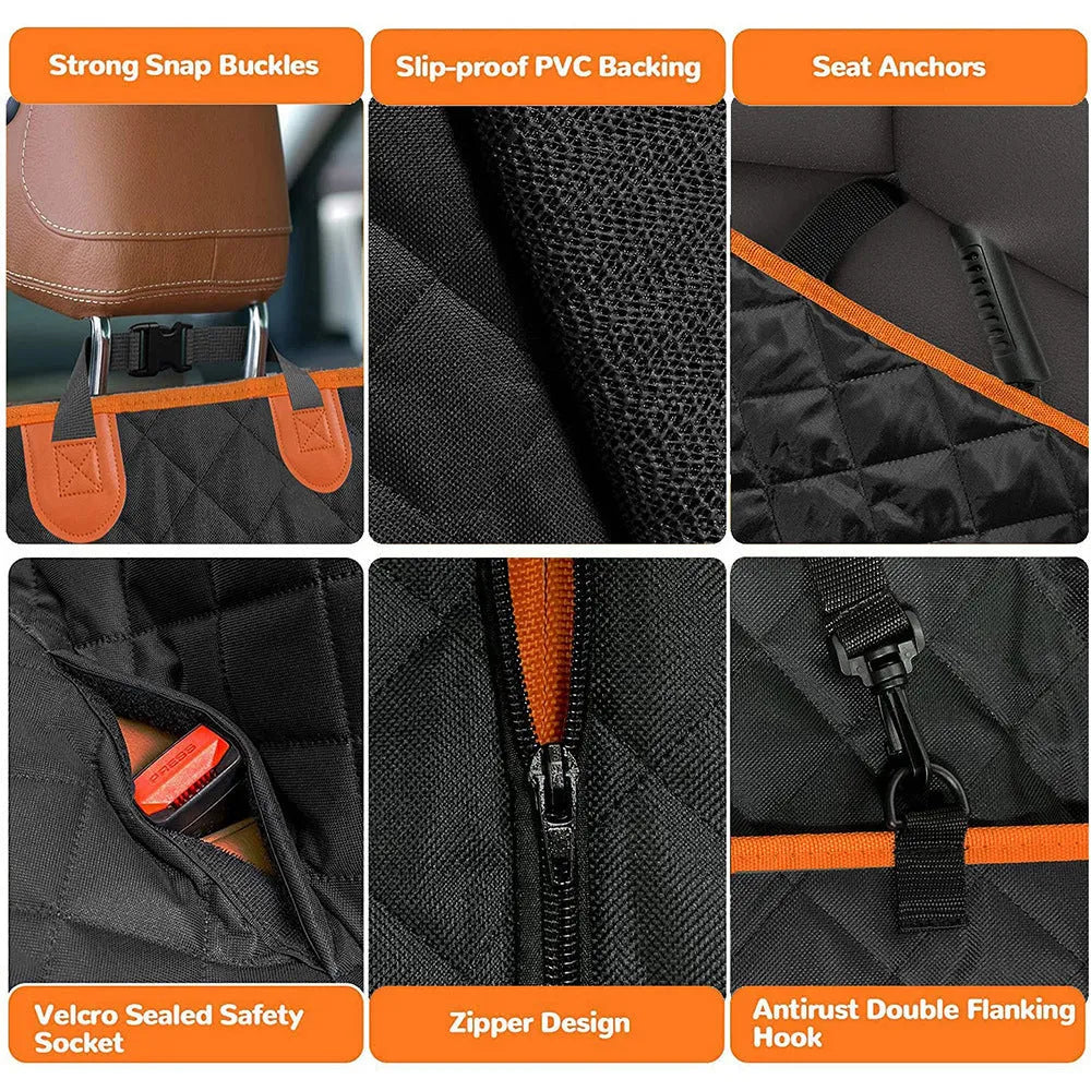 Black orange edge waterproof dog car seat cover with mesh window and accessory pocket