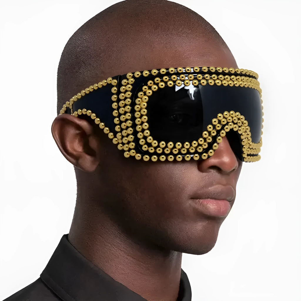 Men's punk-style sunglasses with a large square frame, rivet details, in silver or gold colour.