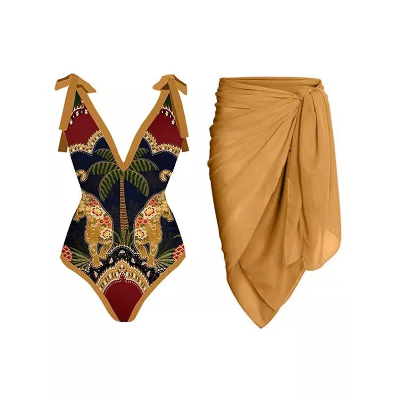 Solid colour women's one-piece swimsuit with thin spaghetti straps and a separate matching swim skirt.