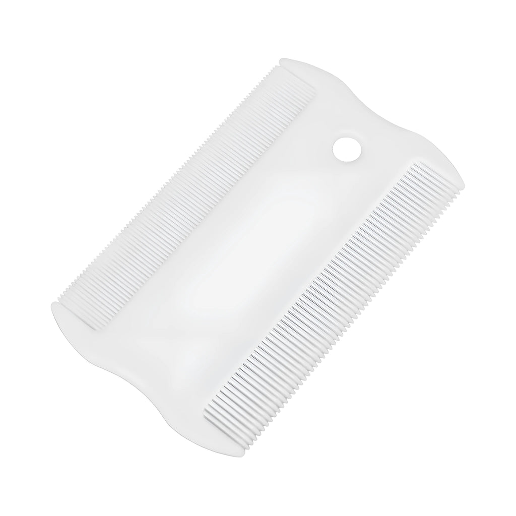 Double-sided plastic flea comb for pets showing fine teeth and grate mouth designs on a white background.