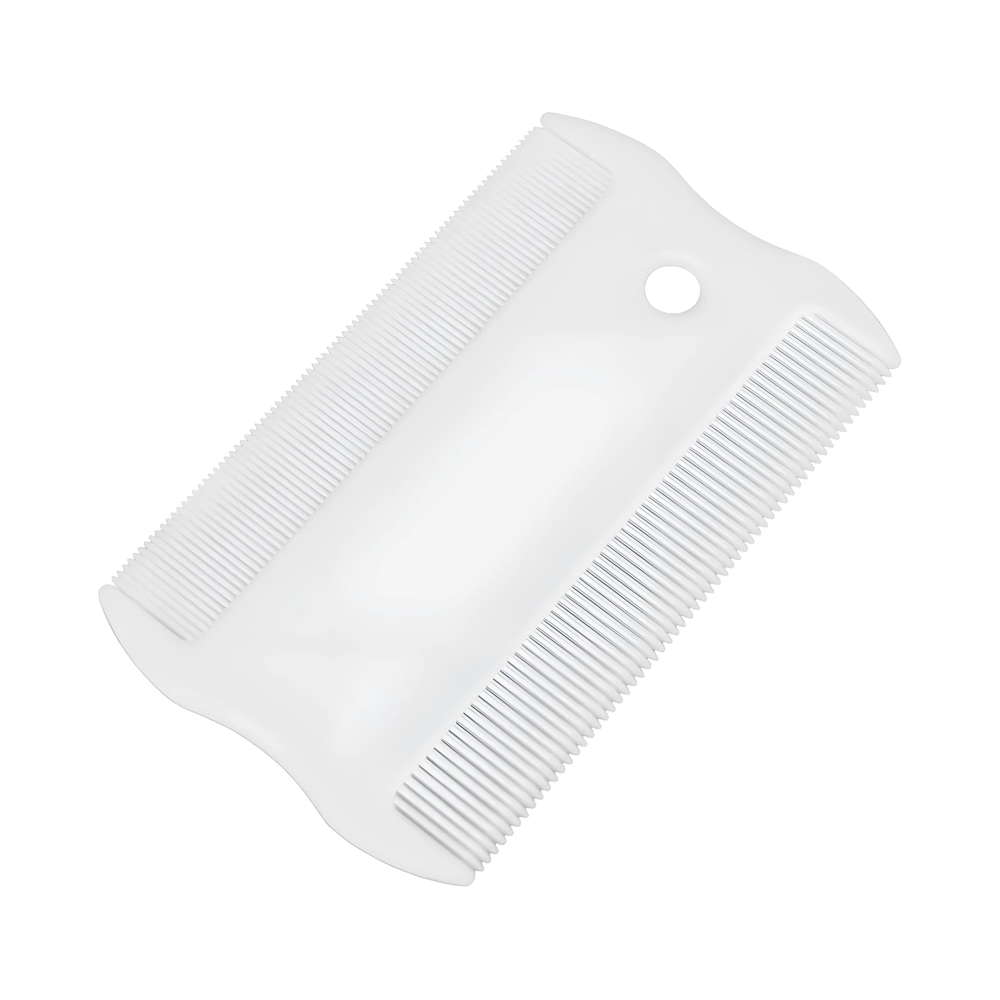 Double-sided plastic flea comb for pets showing fine teeth and grate mouth designs on a white background.