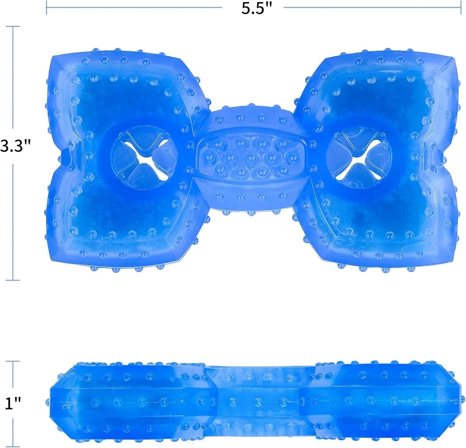 Freezable dog teething chew toy in bone and circle shapes on a blue background.