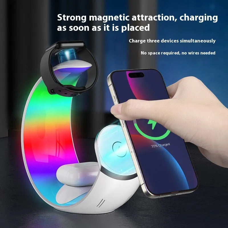 White 4-in-1 wireless charging ambient lamp with QC3.0 fast charging for phones watches headsets