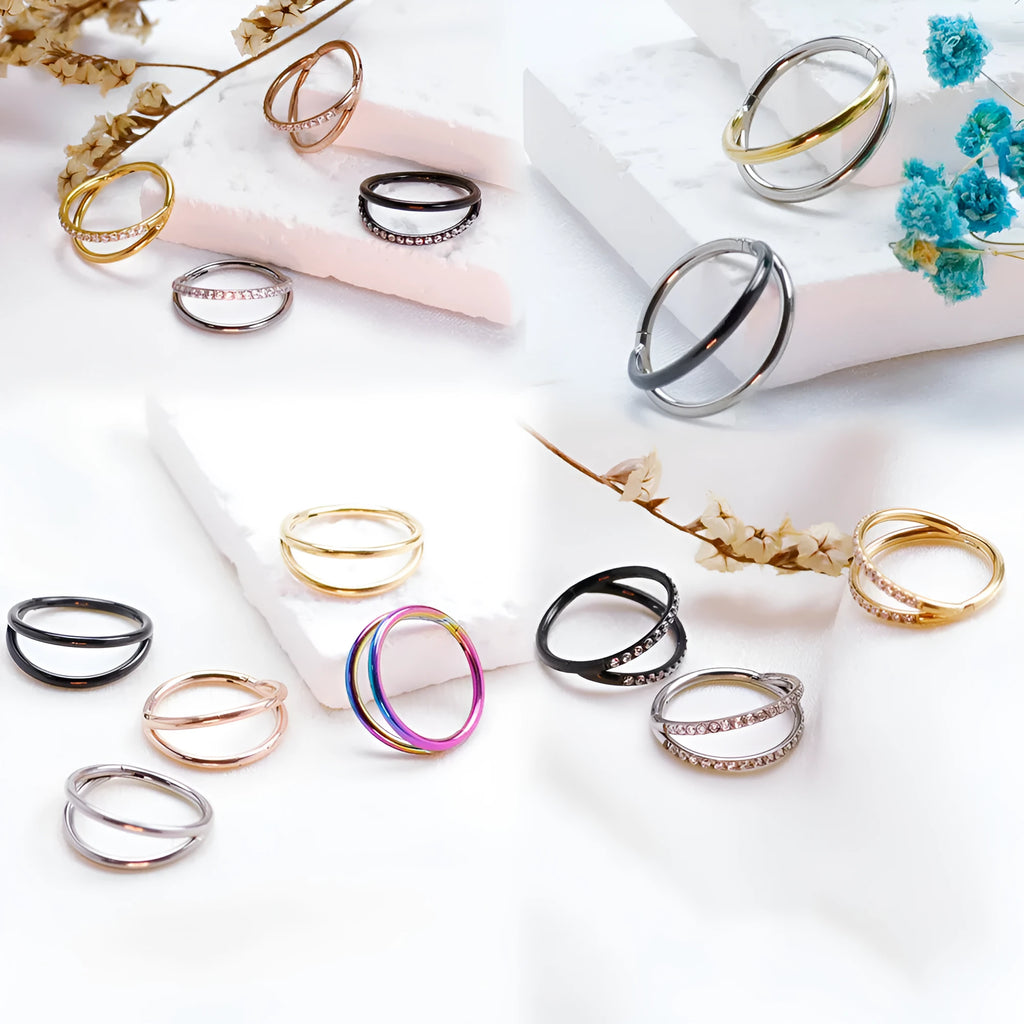 Titanium alloy fork nose ring in silver with diamond accent and plain black finish options