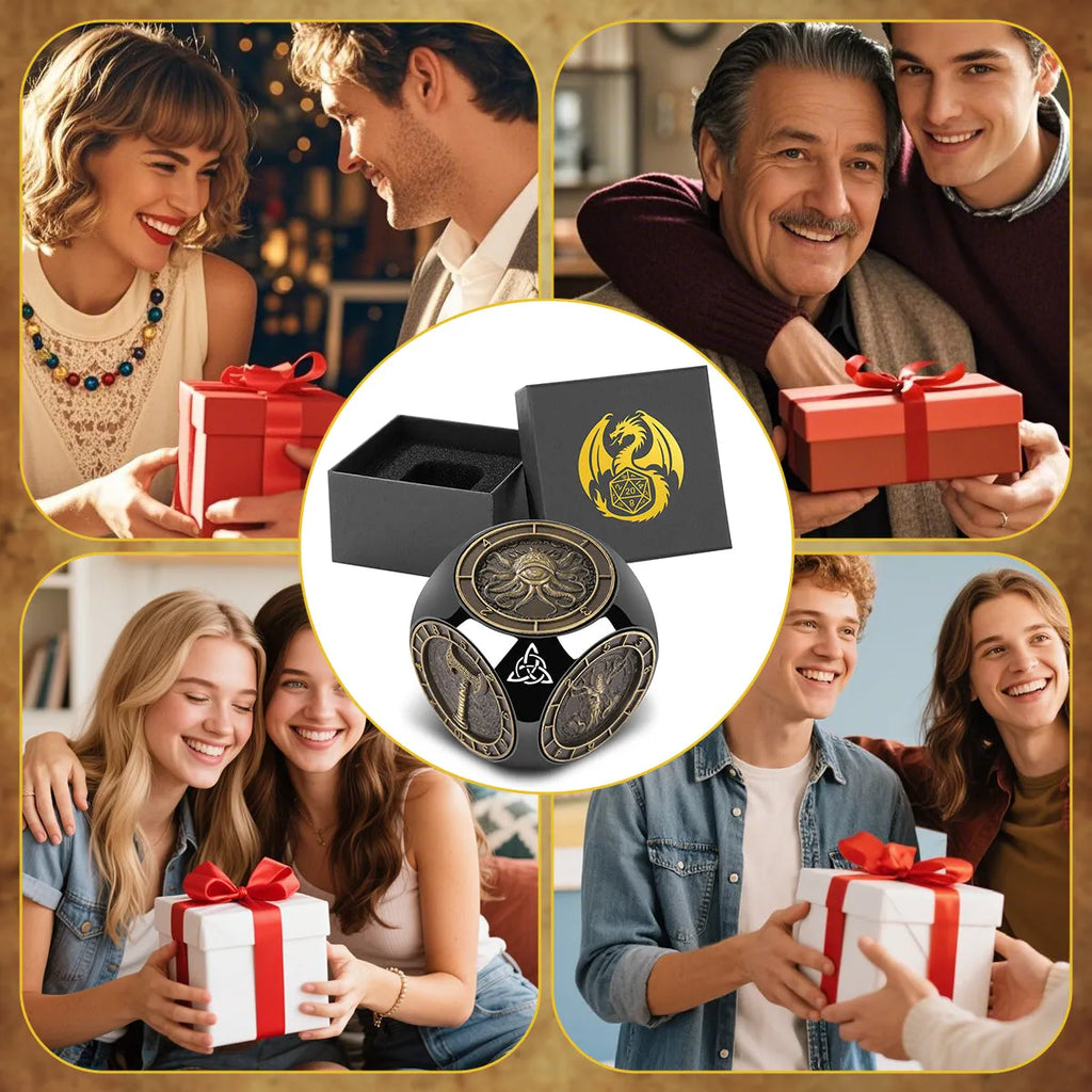 6-pack retro metal dice wheel gift box set in bronze, dark silver, and black zinc alloy with compact 3.5 cm size
