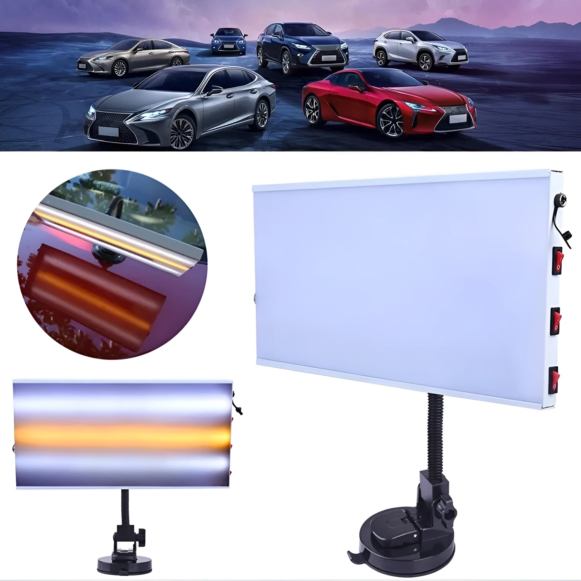 White MPT X009 car dent repair detector kit with concave inspection light and metal alloy tools
