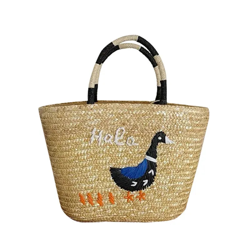 Women's hand-woven straw khaki tote bag with open outer pocket
