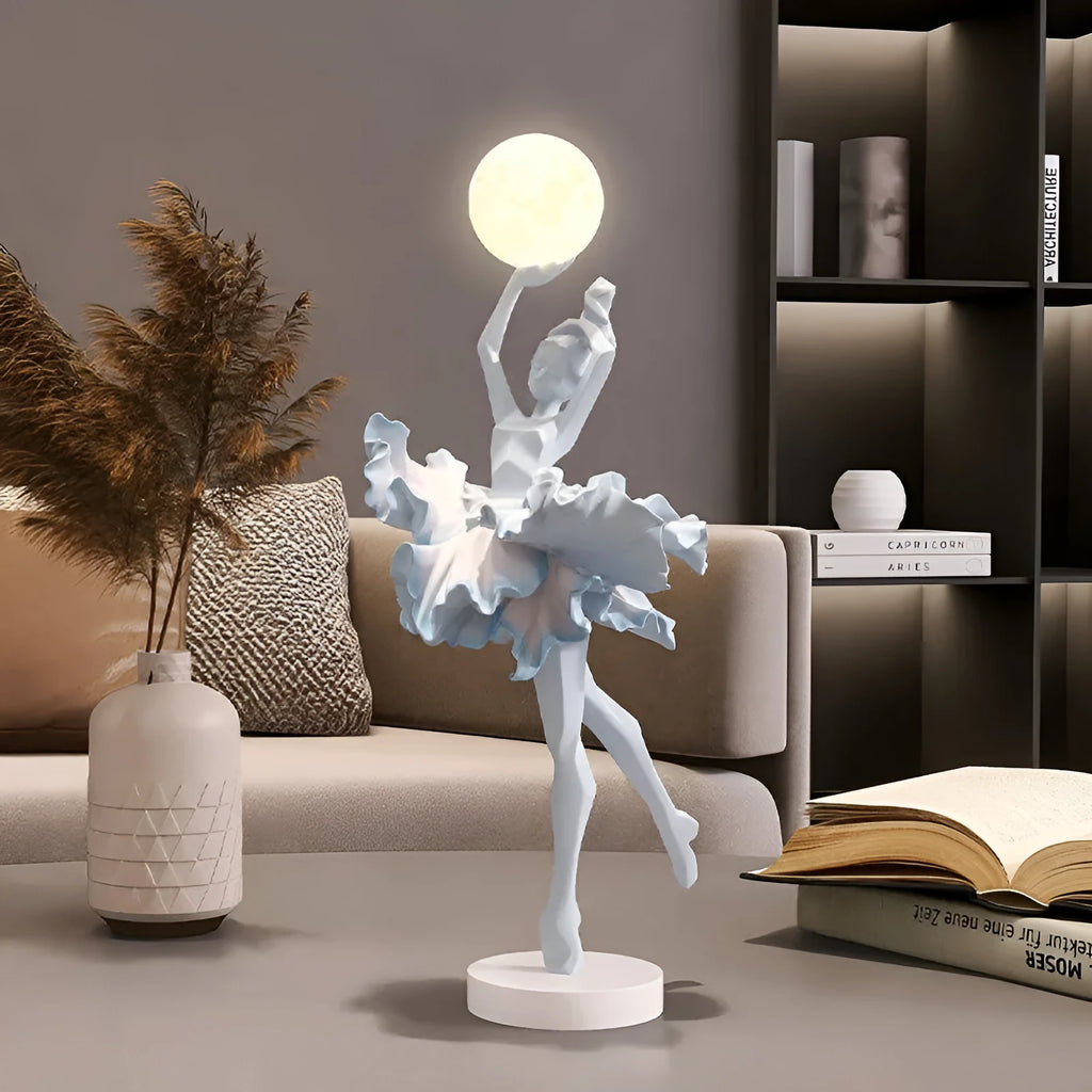 Small modern night lamp ornament in resin showing colour options: black gold, white, pink, and light blue.