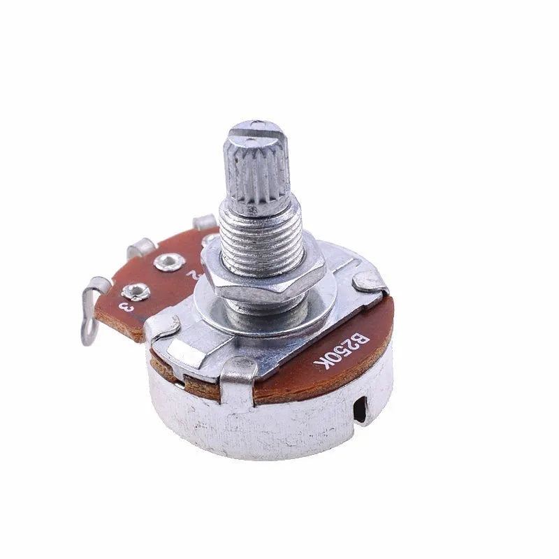 A single metal potentiometer knob for an electric guitar, shown in a choice of four resistance values.