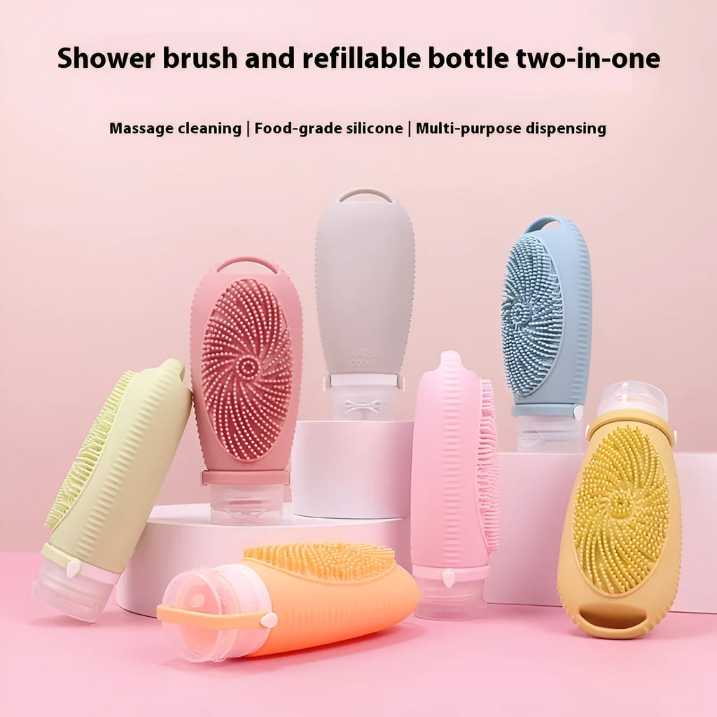 Silicone bath brush storage bottle in pink, flesh, orange, sea blue, grey blue, grey yellow, light green, and light grey colours.