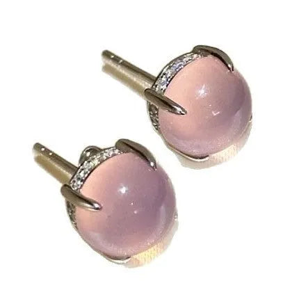 Chinese style geometric chalcedony stud earrings in four claw setting with round egg surface stones
